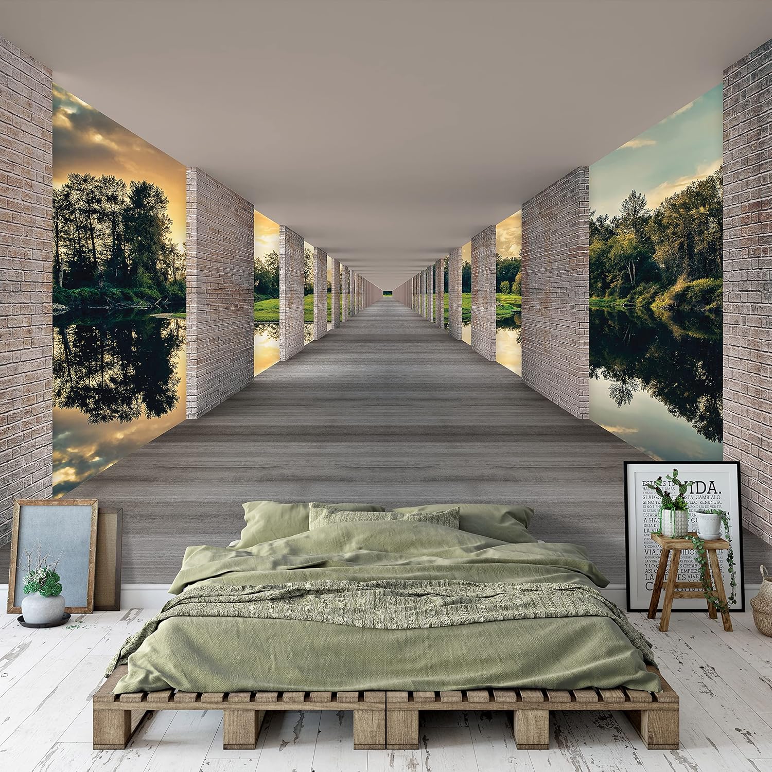 Carta da parati 3D con prospettiva scenografica che crea profondità visiva nella camera da letto