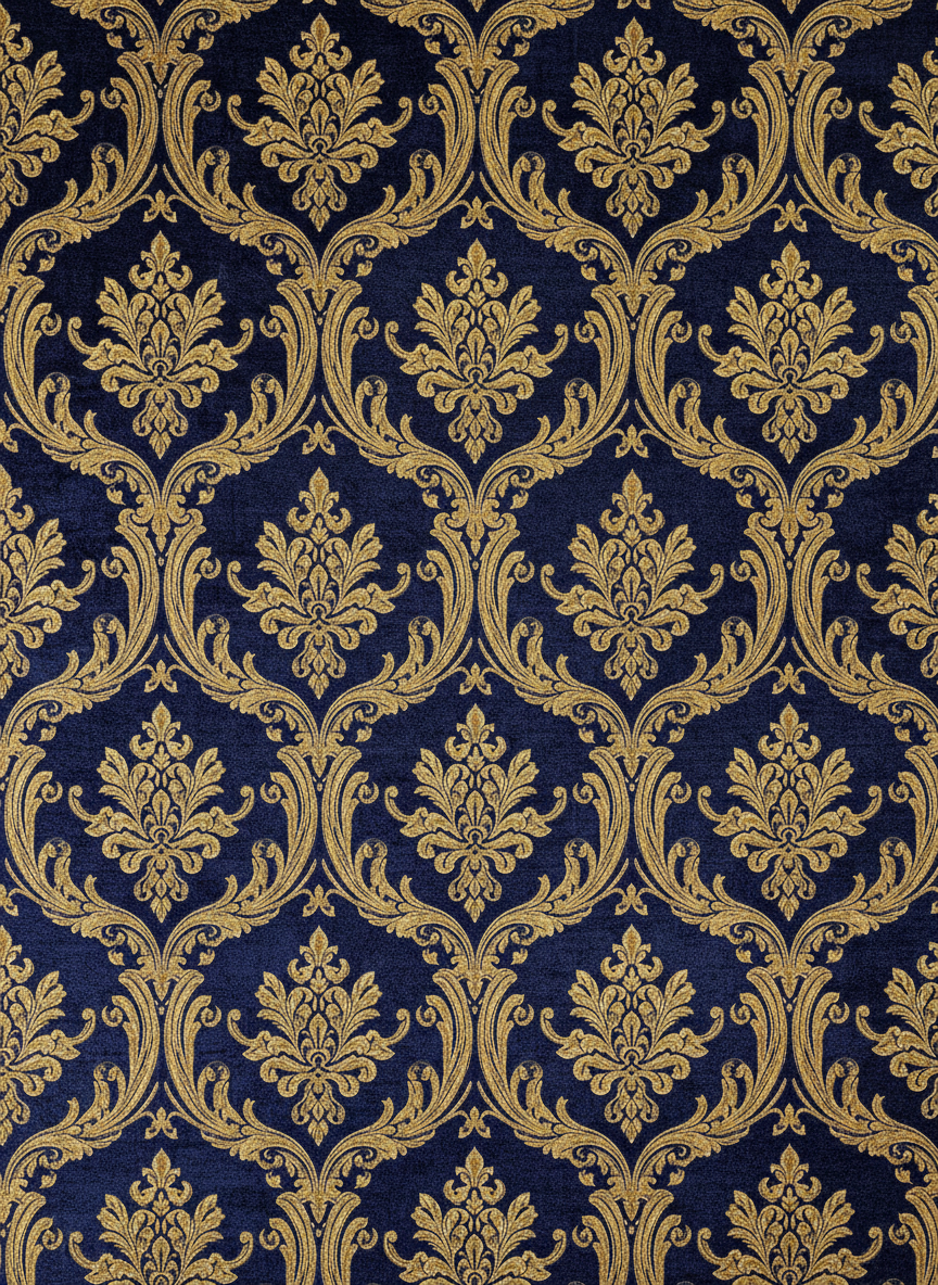 Carta da parati damascata con motivi barocchi in blu notte e oro