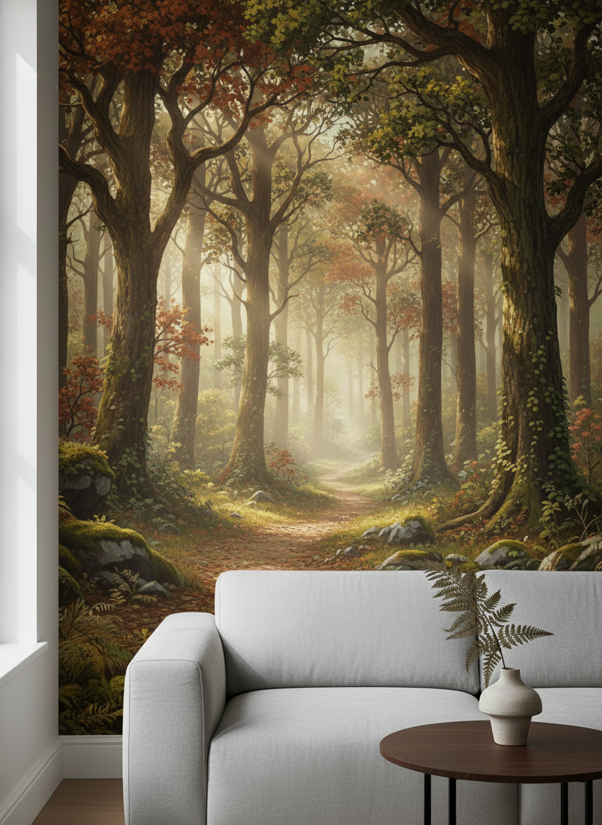 Sostituisci l'immagine della categoria Natura con una scena di foresta coinvolgente e raffinata: una foresta lussureggiante con alberi alti, profondità atmosferica, sentiero naturale e luce calda filtrata tra le chiome. Palette ricca di verdi naturali, muschio, terracotta e ocra, stile editoriale elegante, composizione verticale adatta a una scheda categoria di carte da parati.